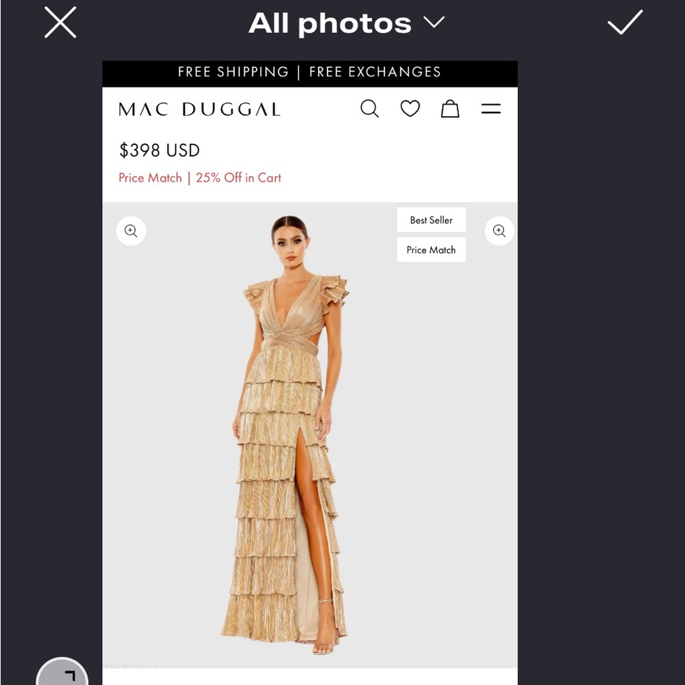 Mac Duggal Gold Tiered Ruffle Maxi Gown with High Slit